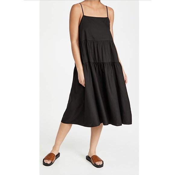 ENZA COSTA Tiered Cool Cotton Easy Strappy Black Midi Dress - Size 1 Small - Picture 1 of 11